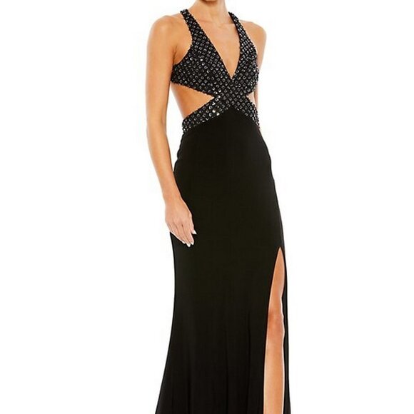 Mac Duggal Black Floral Sequin Criss Cross Bodice Side Slit Gown - Picture 1 of 6